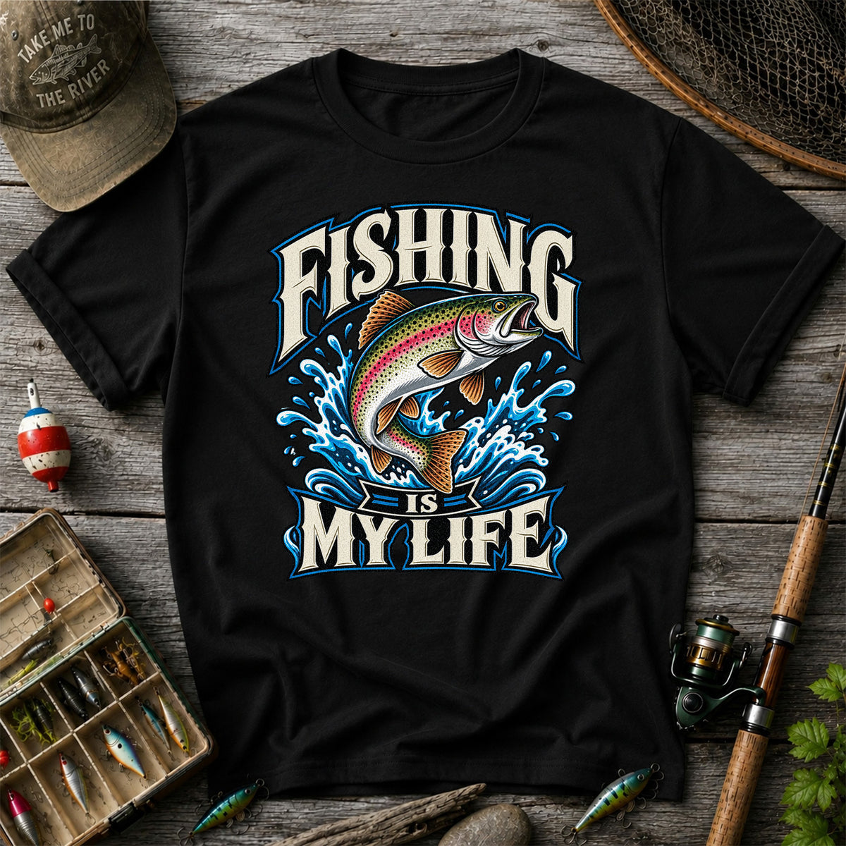Fishing Is My Life Jumping Rainbow Trout Graphic T-Shirt