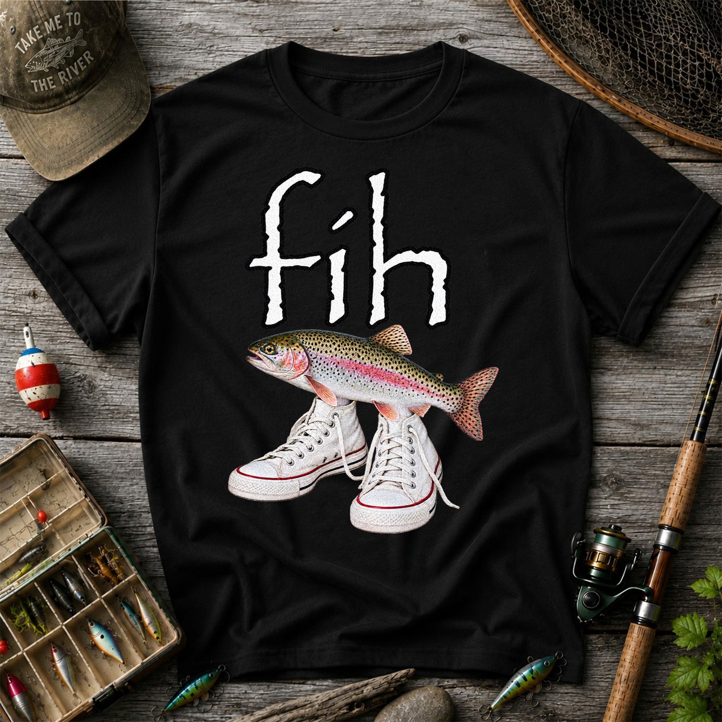 Fih Rainbow Trout Wearing Sneakers Funny Fishing Graphic T-Shirt