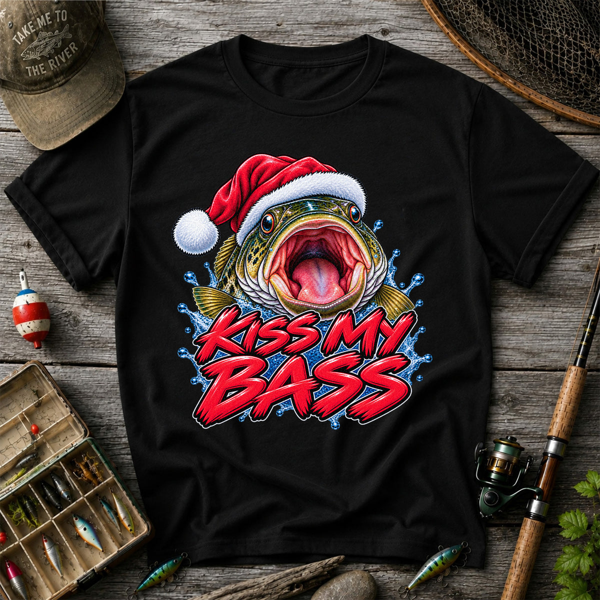 Kiss My Bass Santa Hat Funny Christmas Fishing T-Shirt