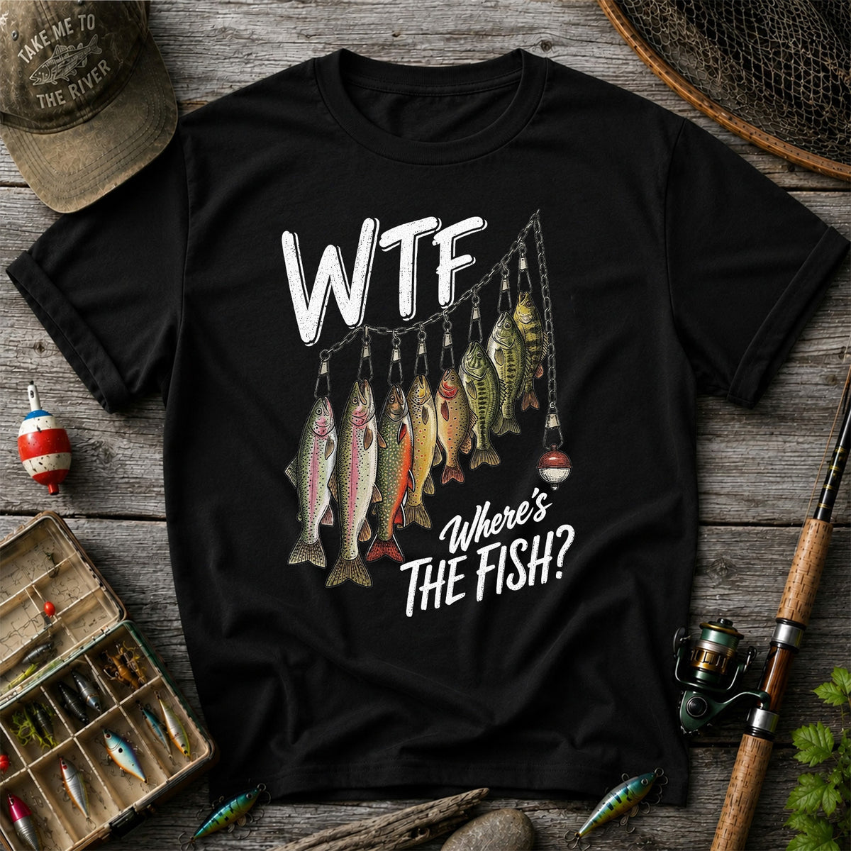 WTF Where's the Fish Trout and Bass Stringer Funny Fishing T-Shirt