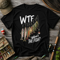 WTF Where's the Fish Trout and Bass Stringer Funny Fishing T-Shirt