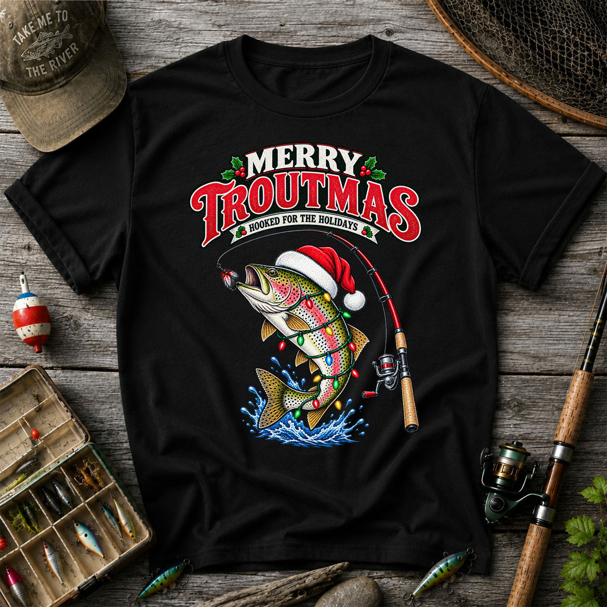 Merry Troutmas Hooked for the Holidays Rainbow Trout Christmas Fishing T-Shirt