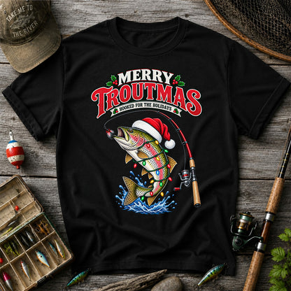 Merry Troutmas Hooked for the Holidays Rainbow Trout Christmas Fishing T-Shirt