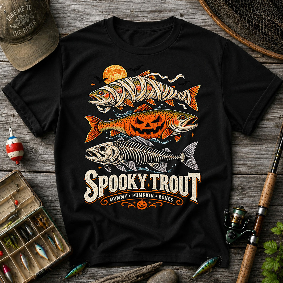 Spooky Trout Mummy Pumpkin Bones Halloween Fishing T-Shirt