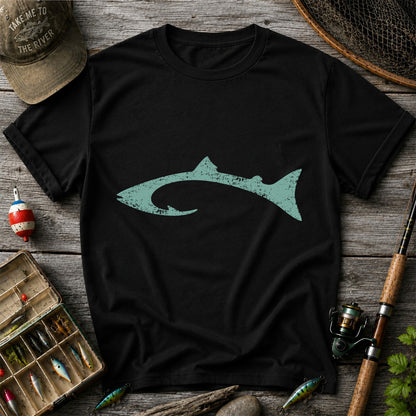 Distressed Salmon Fish Hook Silhouette Fishing T-Shirt