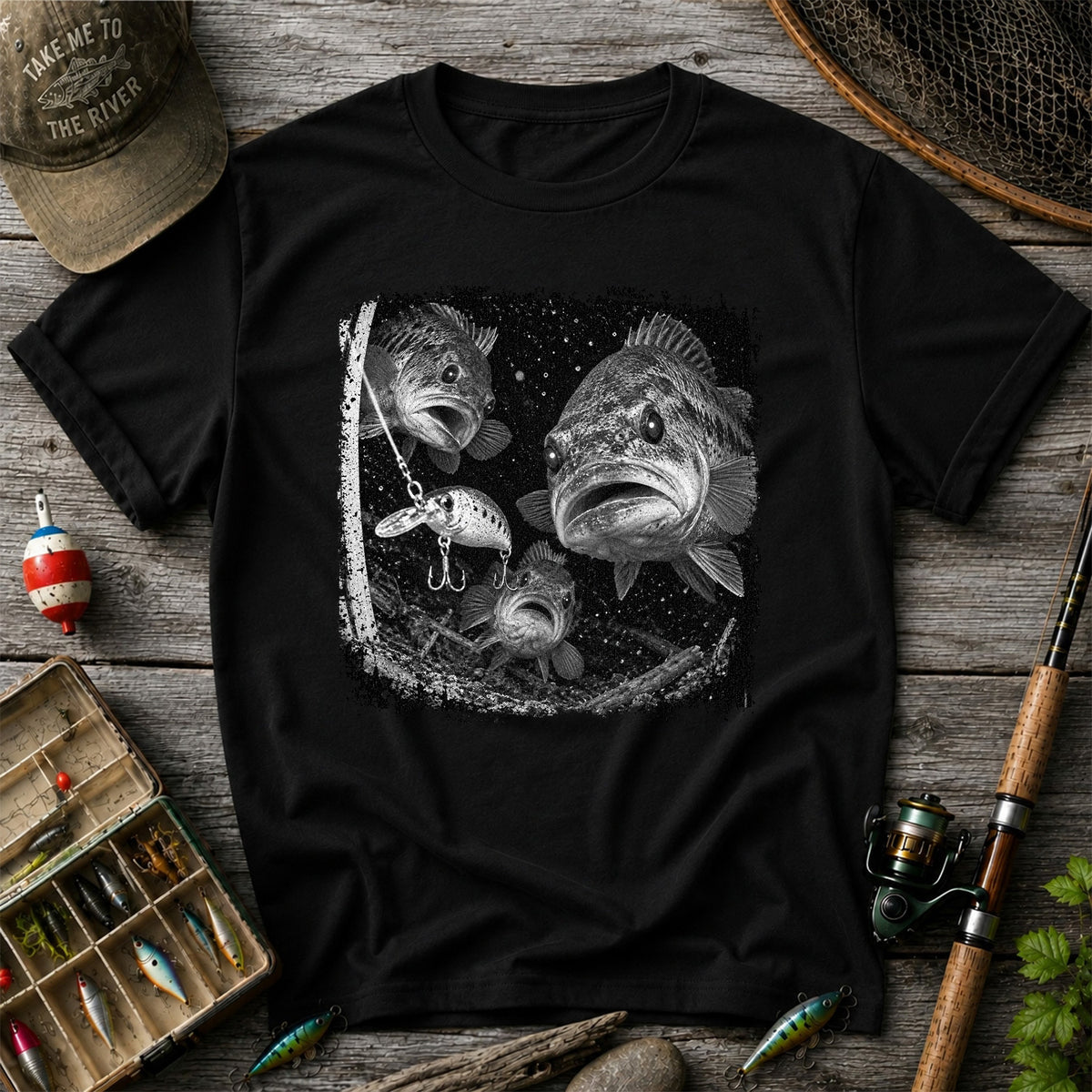 Vintage Bass Fishing Graphic T-Shirt with Underwater Fish Artwork