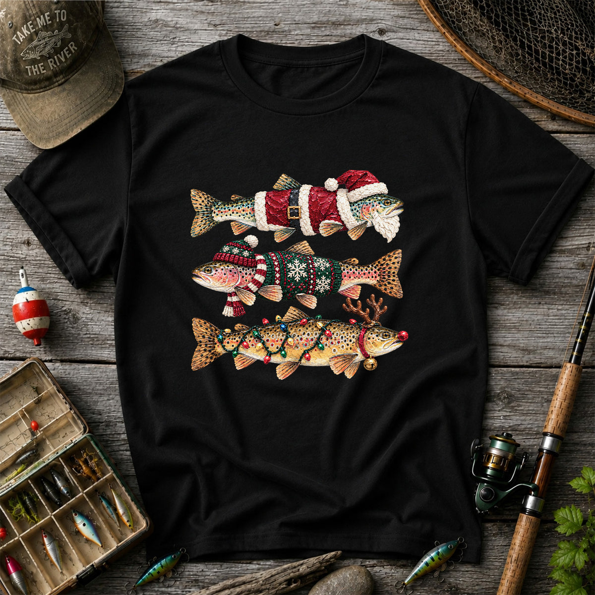 Christmas Trout Fishing Graphic T-Shirt with Festive Fish Artwork
