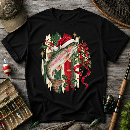 Christmas Santa Hat Rainbow Trout Fishing Graphic T-Shirt