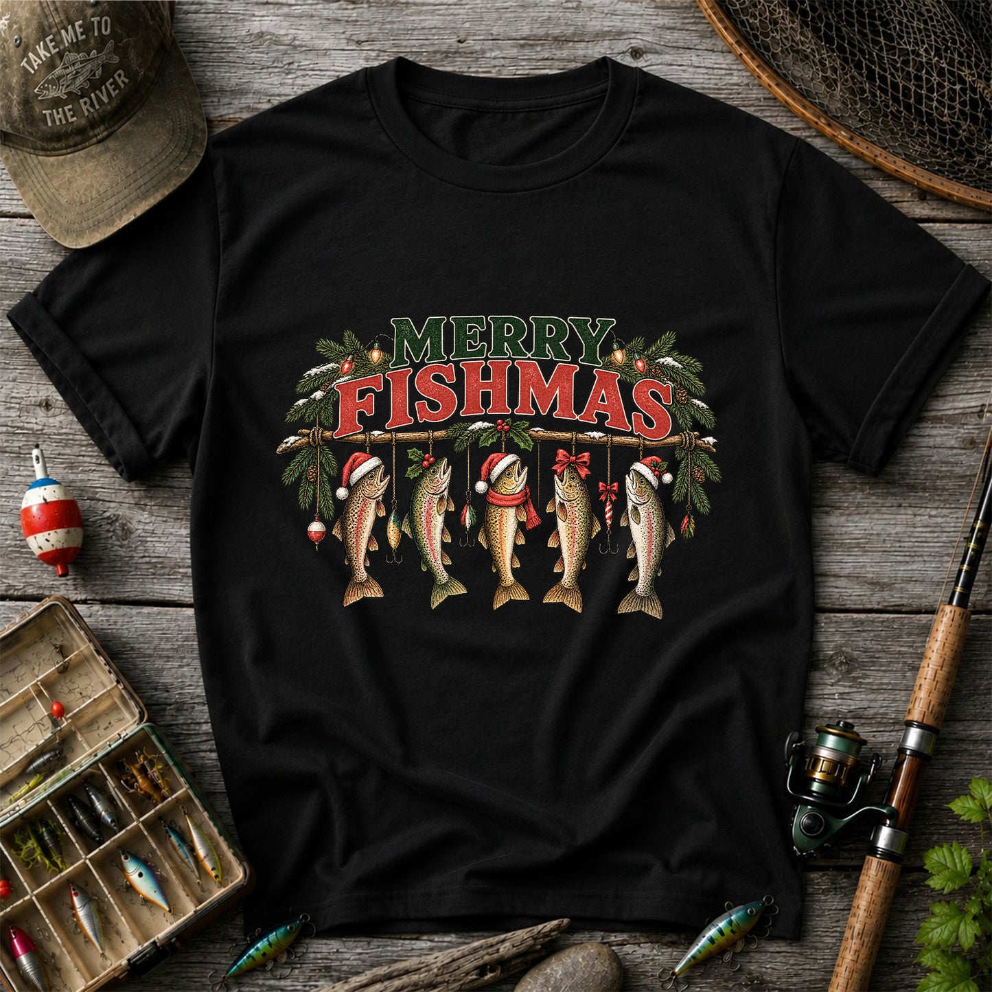 Merry Fishmas Five Christmas Trout Fishing Graphic T-Shirt