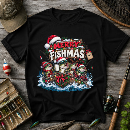 Merry Fishmas Christmas Bass in a Fishing Boat Graphic T-Shirt