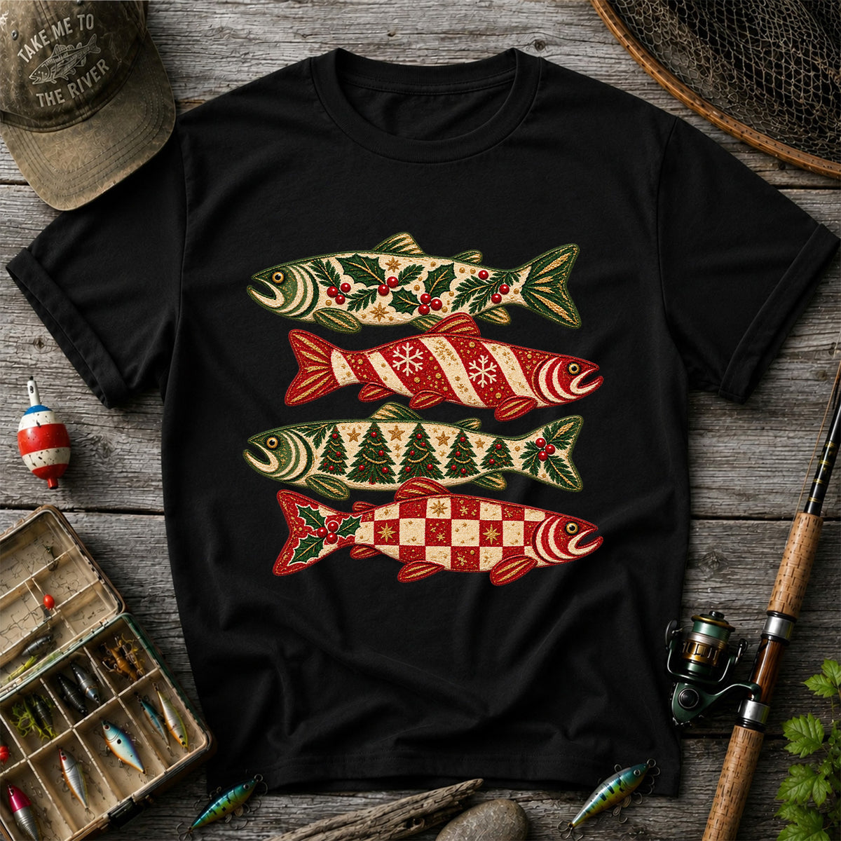 Christmas Trout Holiday Pattern Fishing Graphic T-Shirt