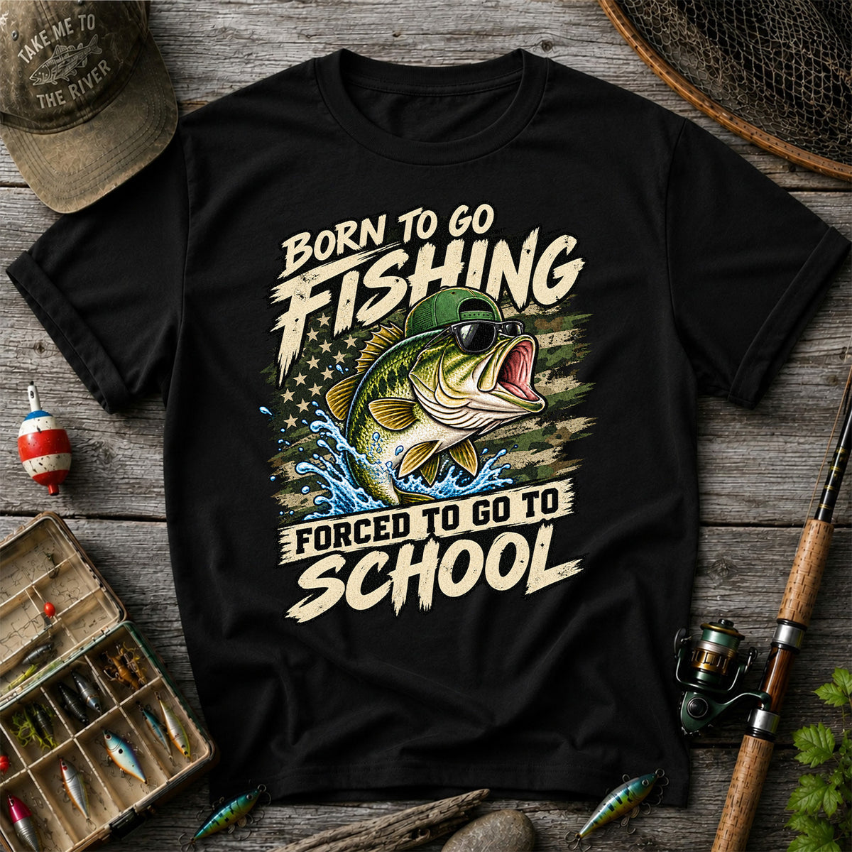 Born to Go Fishing Forced to Go to School Bass Graphic T-Shirt