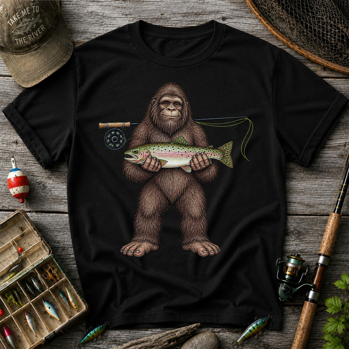 Bigfoot Holding Rainbow Trout Fly Fishing Graphic T-Shirt