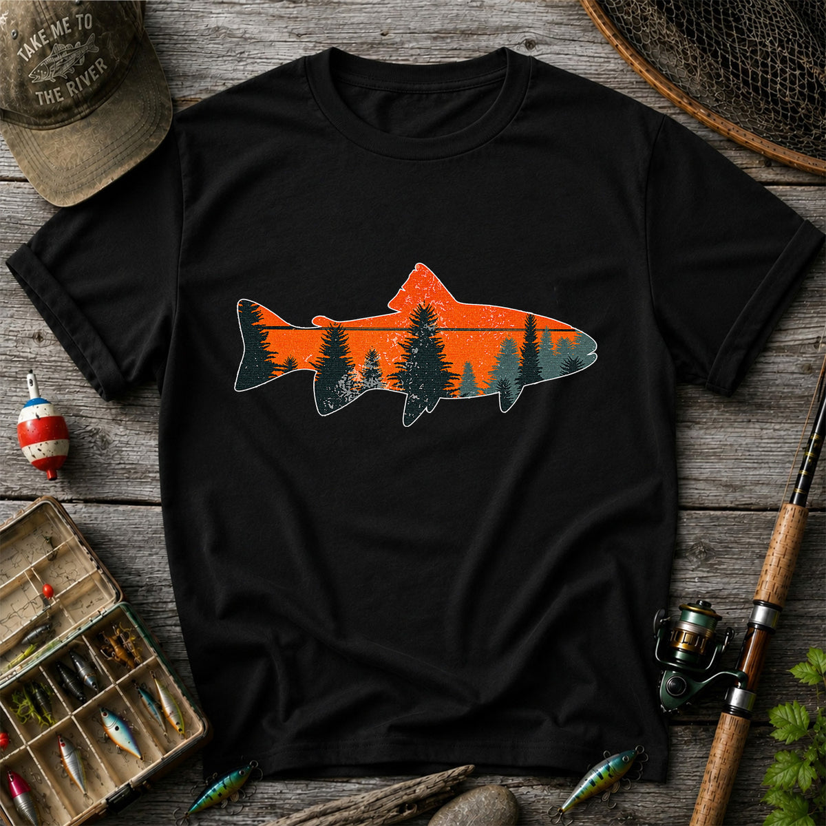 Trout with Mountain Sunset and Pine Forest Fishing Graphic T-Shirt