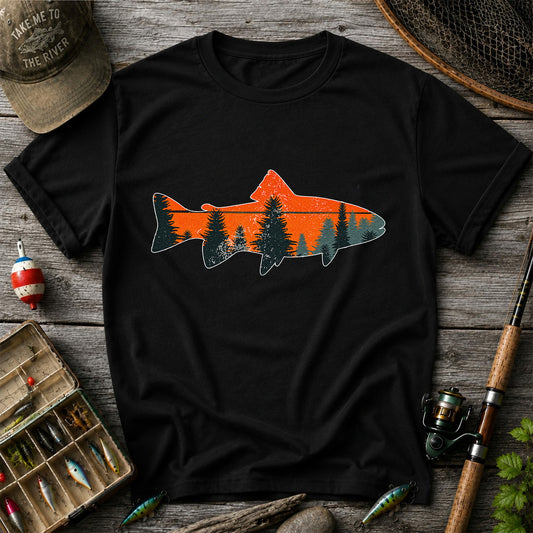 Trout with Mountain Sunset and Pine Forest Fishing Graphic T-Shirt