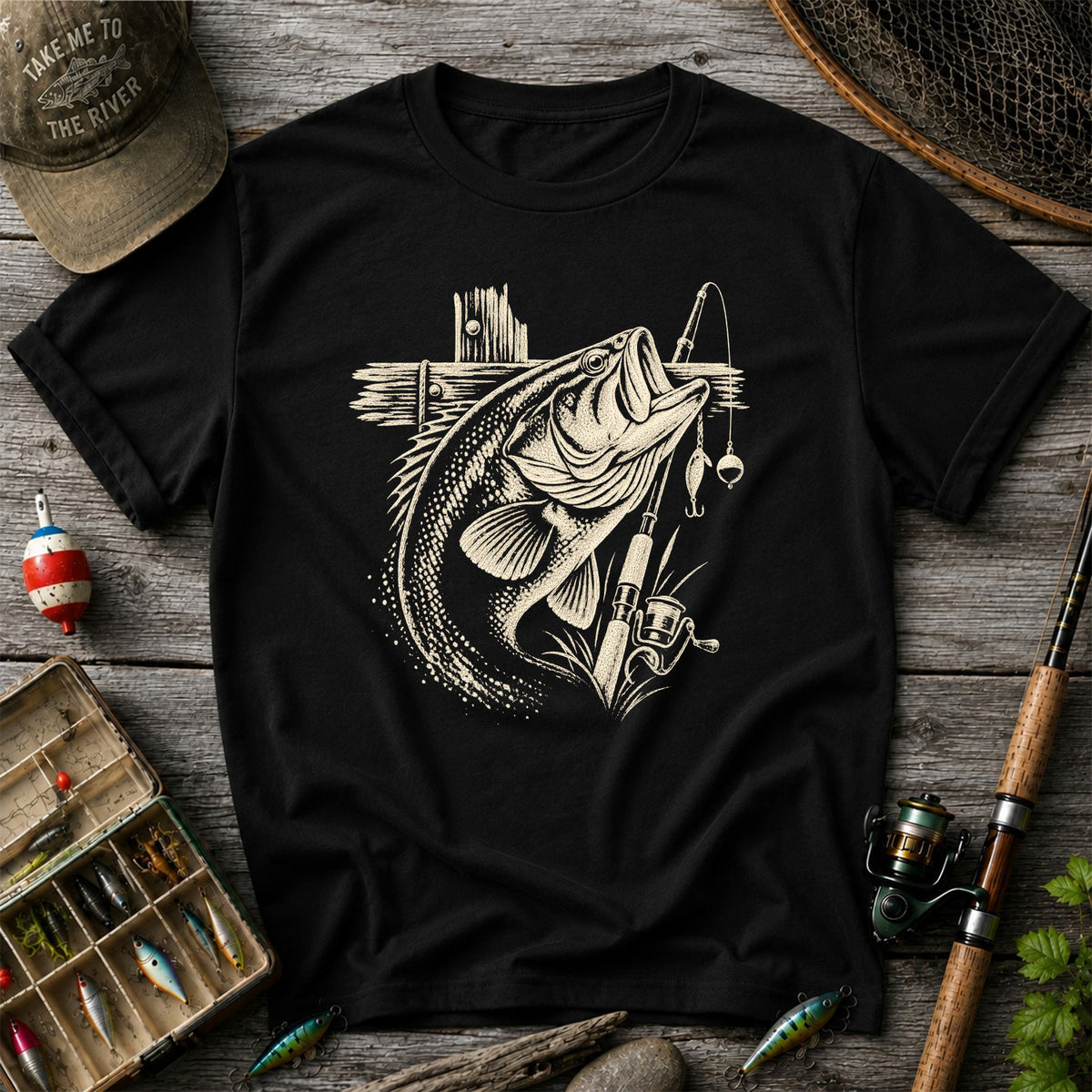 Largemouth Bass Fishing Rod Vintage Graphic T-Shirt