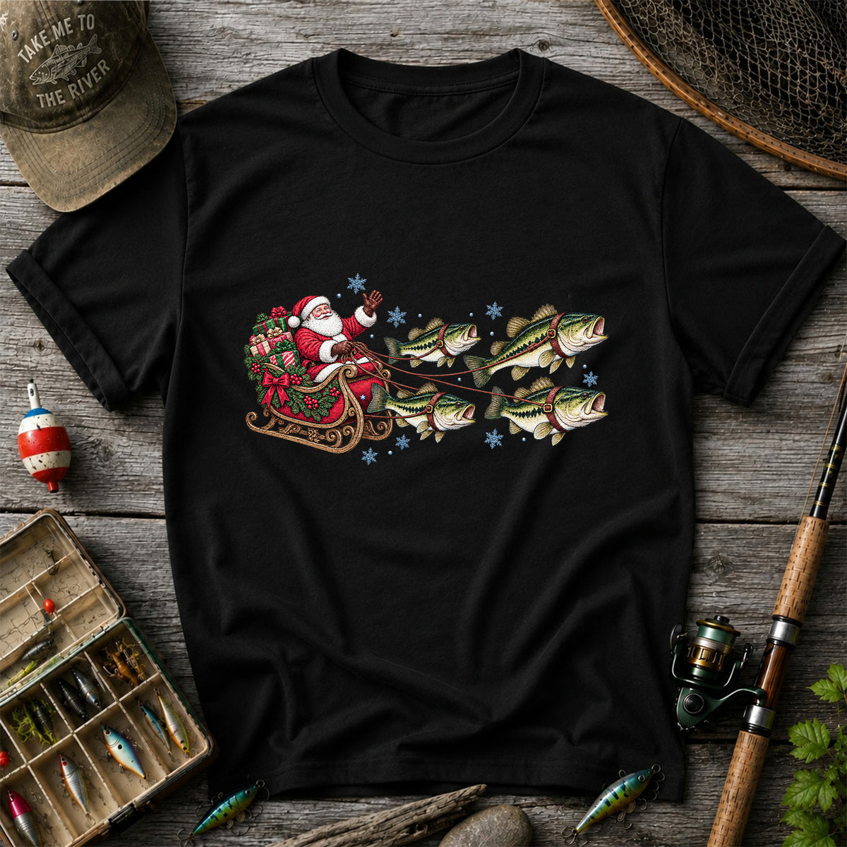 Santa in a Sleigh Pulled by Bass Christmas Fishing Graphic T-Shirt