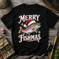 Merry Fishmas Rainbow Trout in a Santa Hat Christmas Fishing T-Shirt