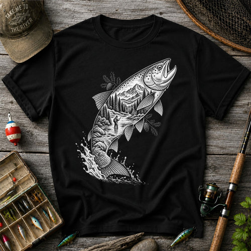 Leaping Trout with Mountain River and Angler Fishing Graphic T-Shirt