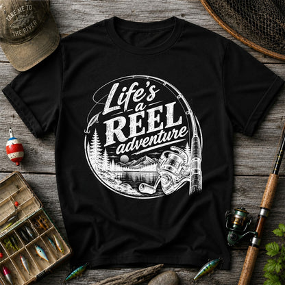 Life's a Reel Adventure Fishing Rod and Mountain Lake T-Shirt