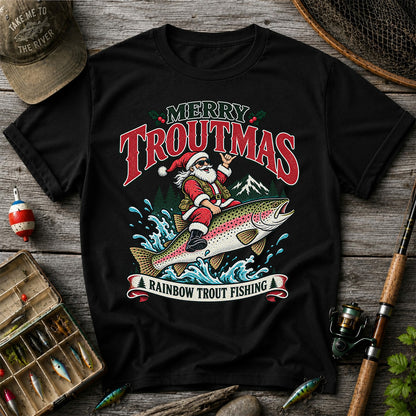 Merry Troutmas Santa Riding a Rainbow Trout Christmas Fishing T-Shirt