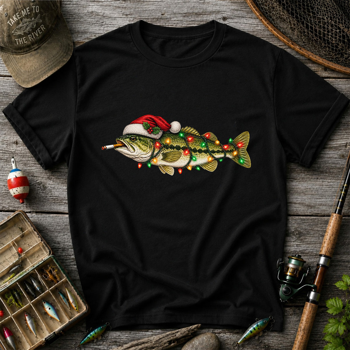 Christmas Bass Fishing Lights and Santa Hat Graphic T-Shirt