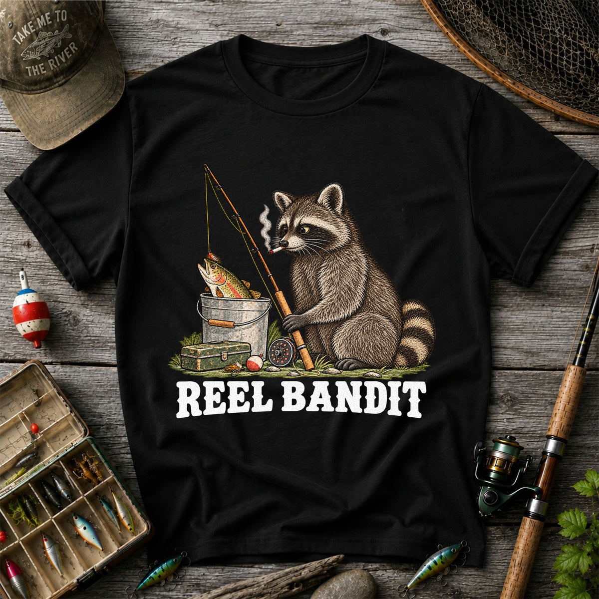 Reel Bandit Smoking Raccoon with Fishing Rod Funny T-Shirt