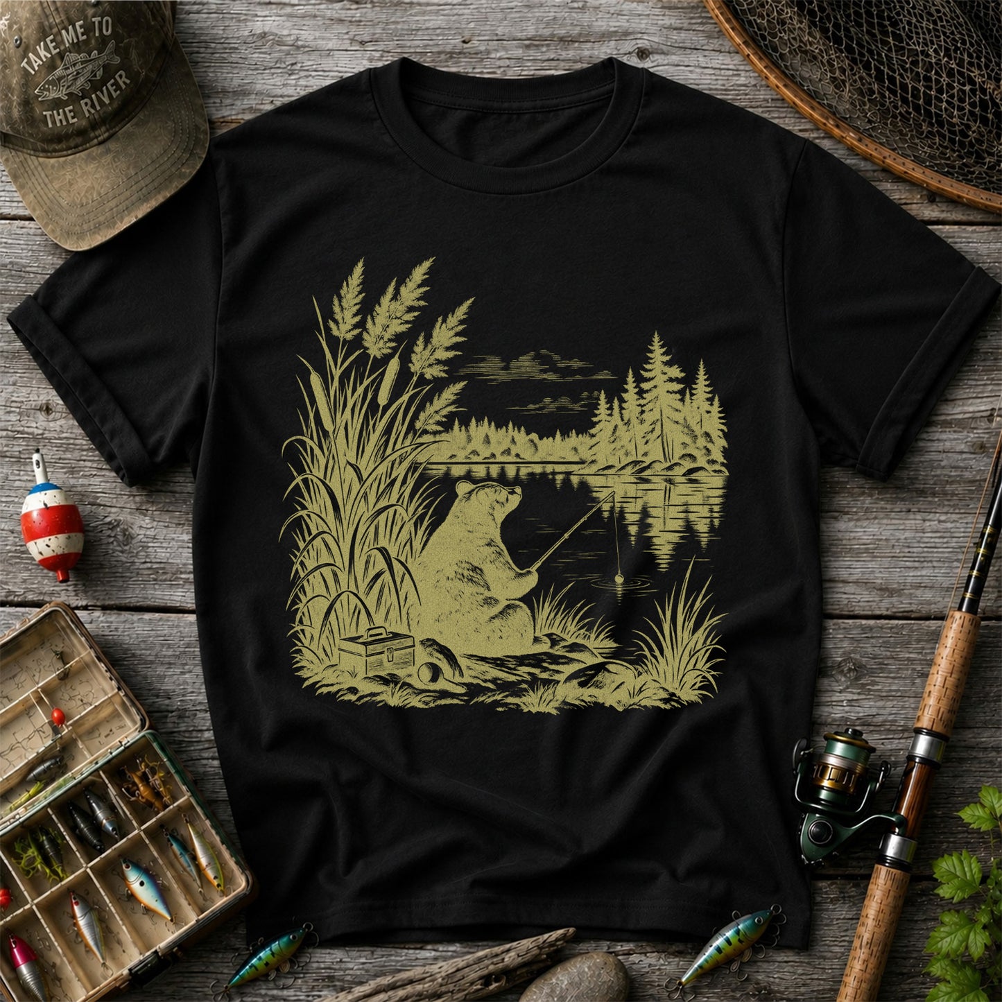 Bear Fishing by the Lake Vintage Outdoor Graphic T-Shirt