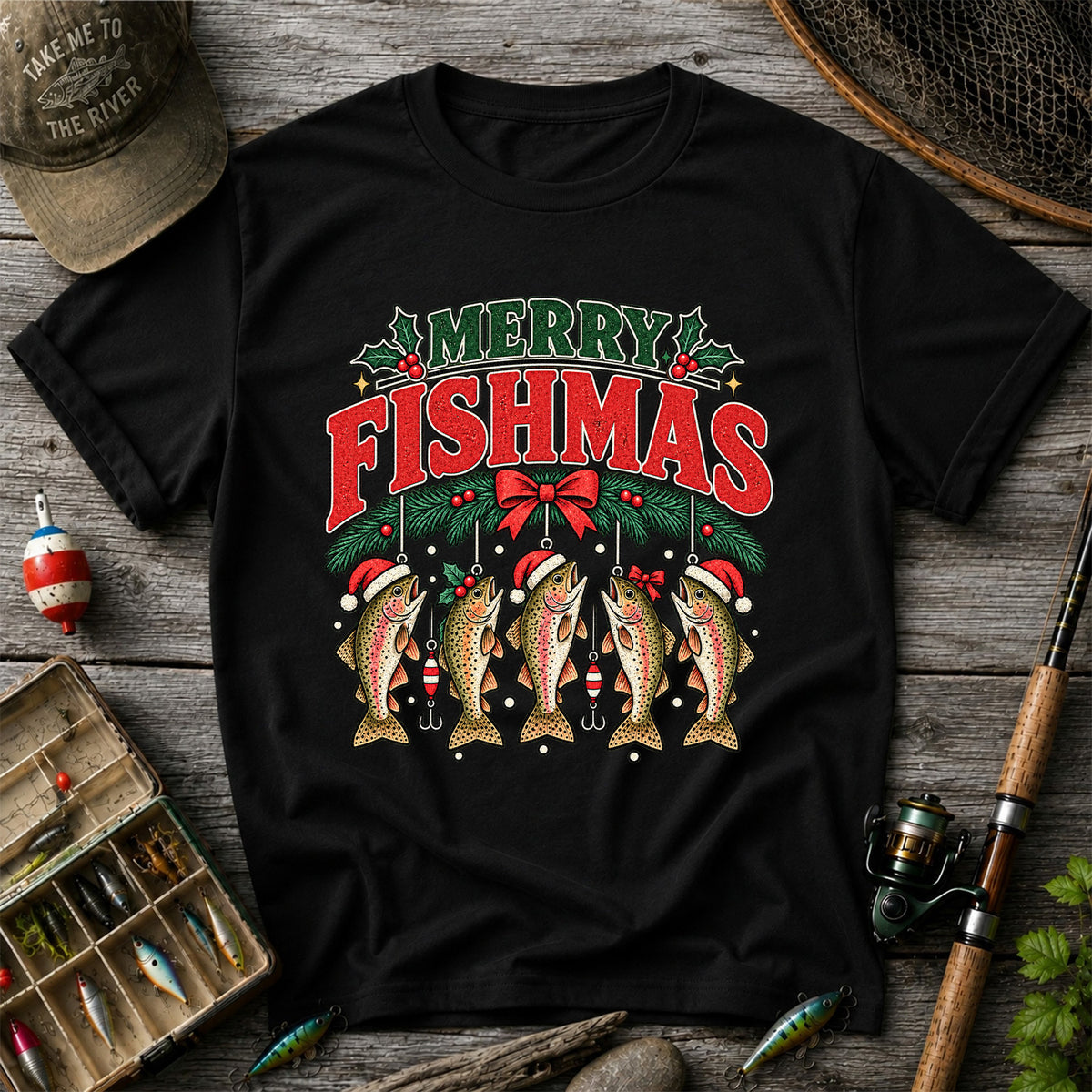 Merry Fishmas Christmas Rainbow Trout Fishing T-Shirt