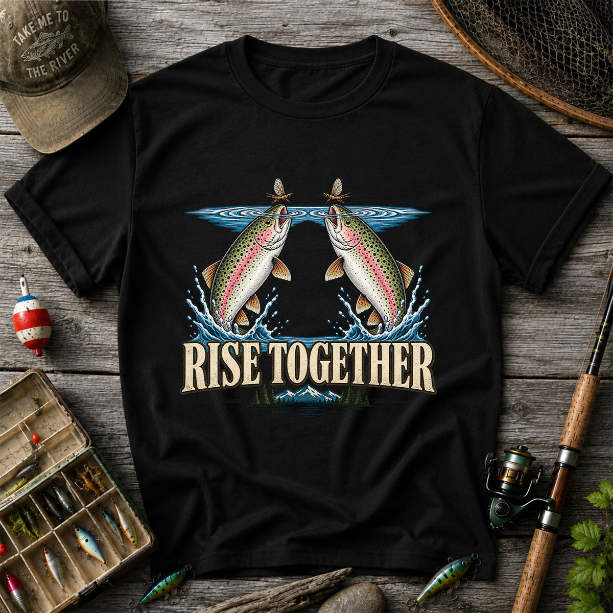 Rise Together Rainbow Trout Fly Fishing Graphic T-Shirt