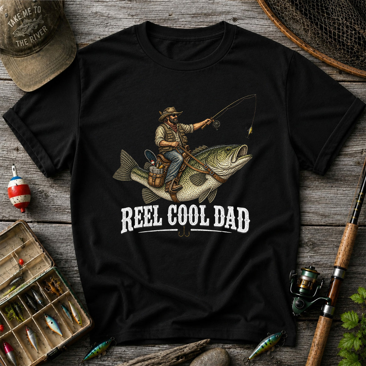 Reel Cool Dad Cowboy Riding a Bass Fishing Graphic T-Shirt