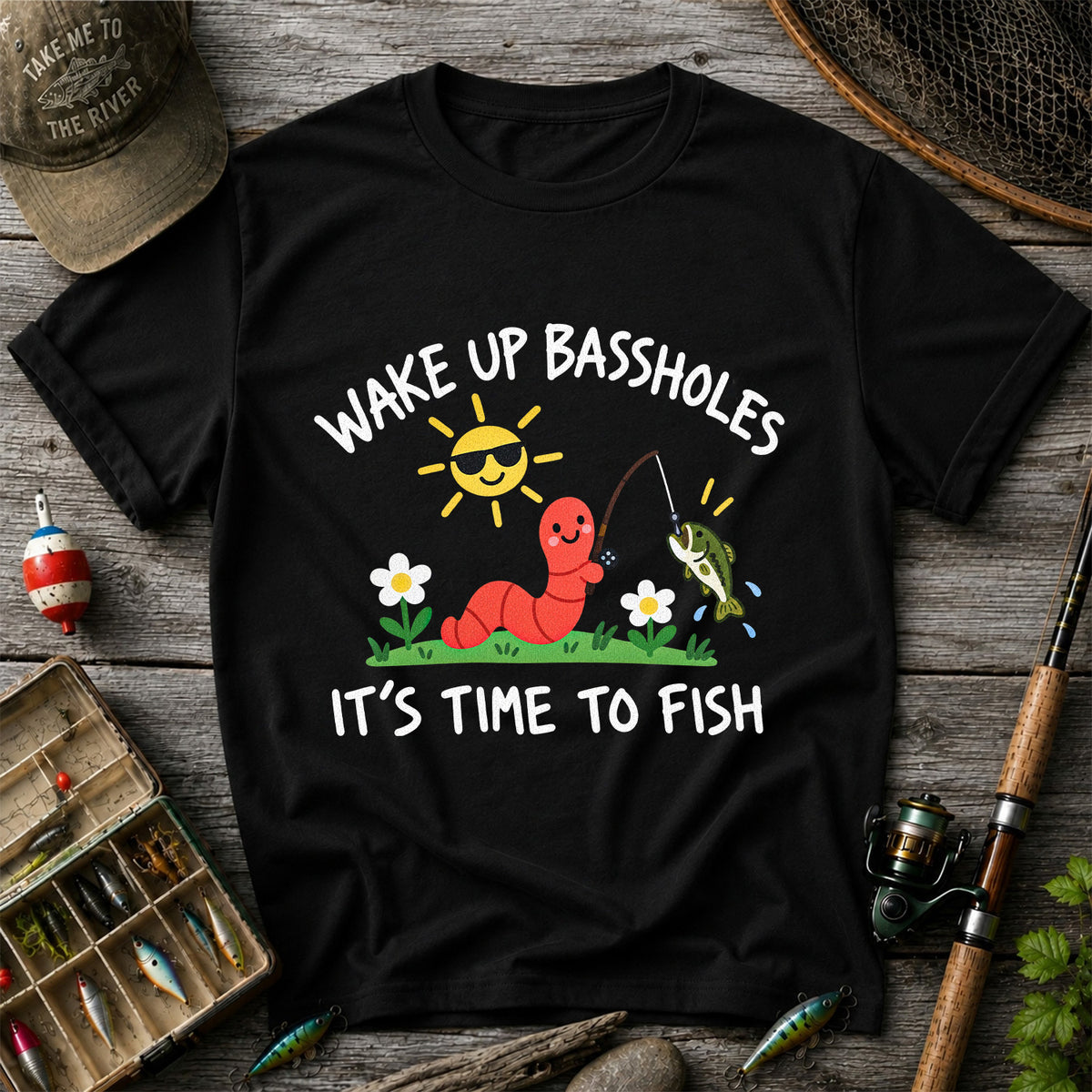 Wake Up Bassholes Funny Worm and Bass Fishing Graphic T-Shirt