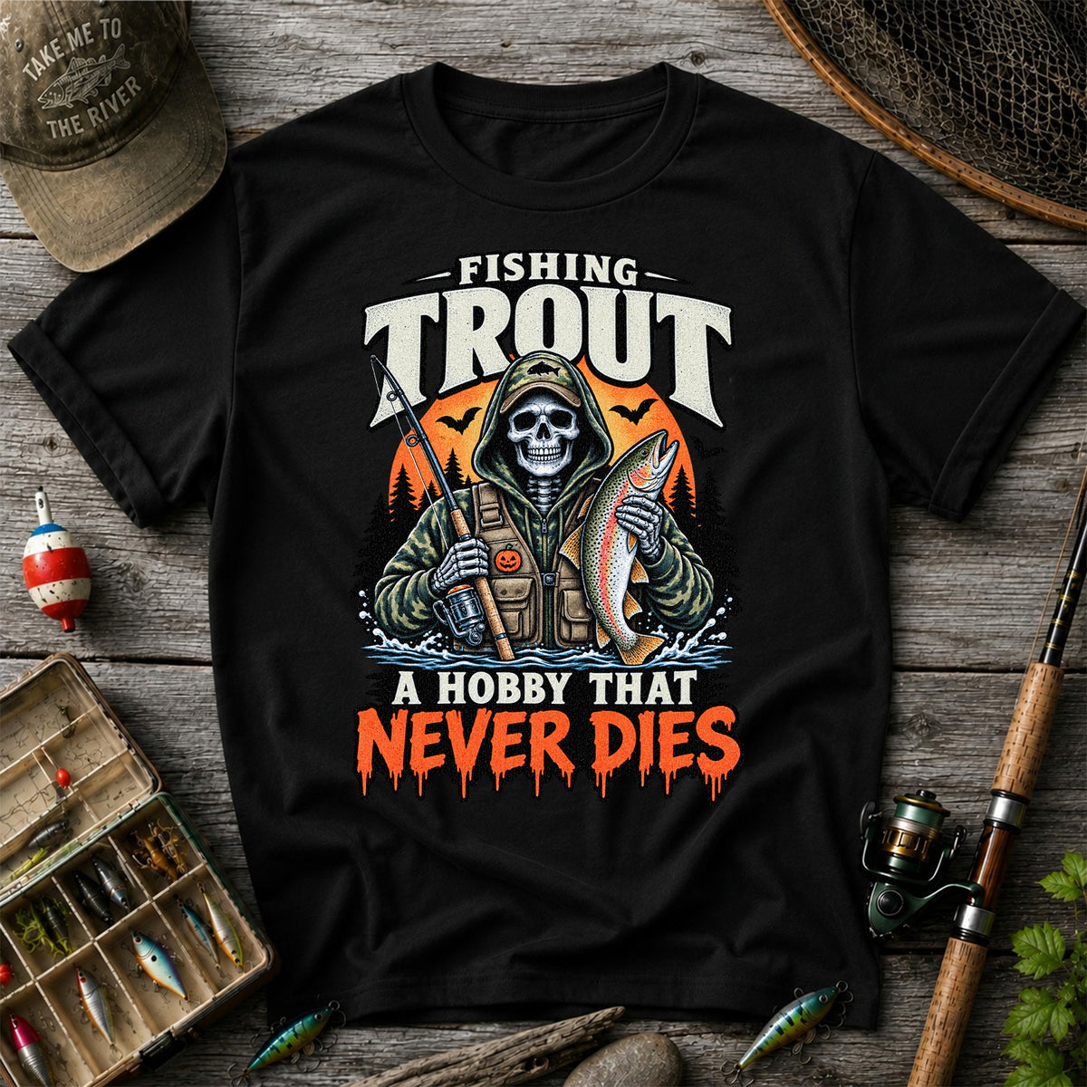 Fishing Trout A Hobby That Never Dies Skeleton Halloween T-Shirt