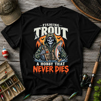 Fishing Trout A Hobby That Never Dies Skeleton Halloween T-Shirt
