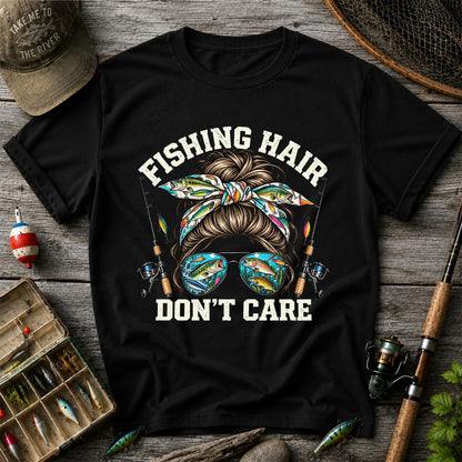 Fishing Hair Don't Care Messy Bun and Sunglasses T-Shirt