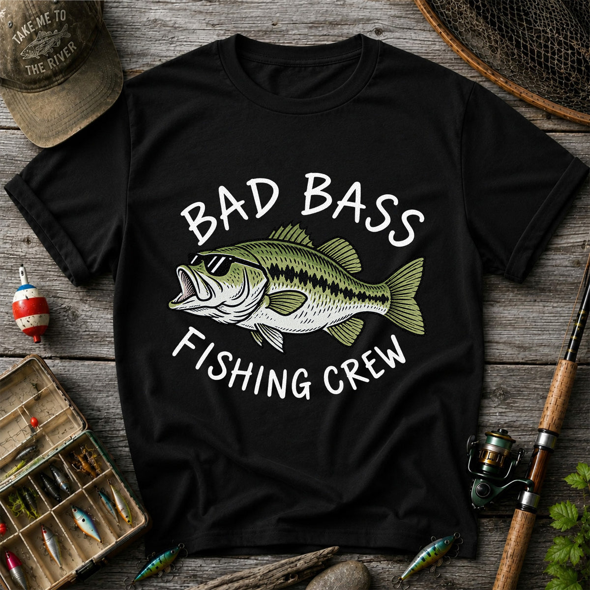 Bad Bass Fishing Crew Funny Graphic T-Shirt
