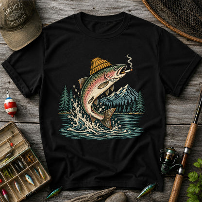 Rainbow Trout in Beanie Smoking and Jumping from Lake Graphic T-Shirt
