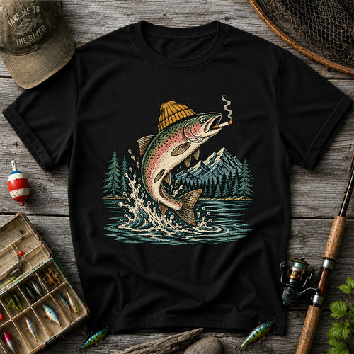 Rainbow Trout in Beanie Smoking and Jumping from Lake Graphic T-Shirt
