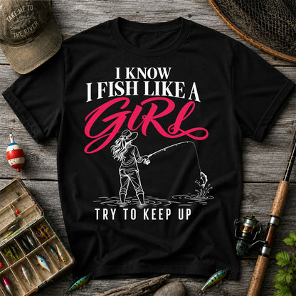 Funny Woman Fishing Graphic T-Shirt with Line Art Design