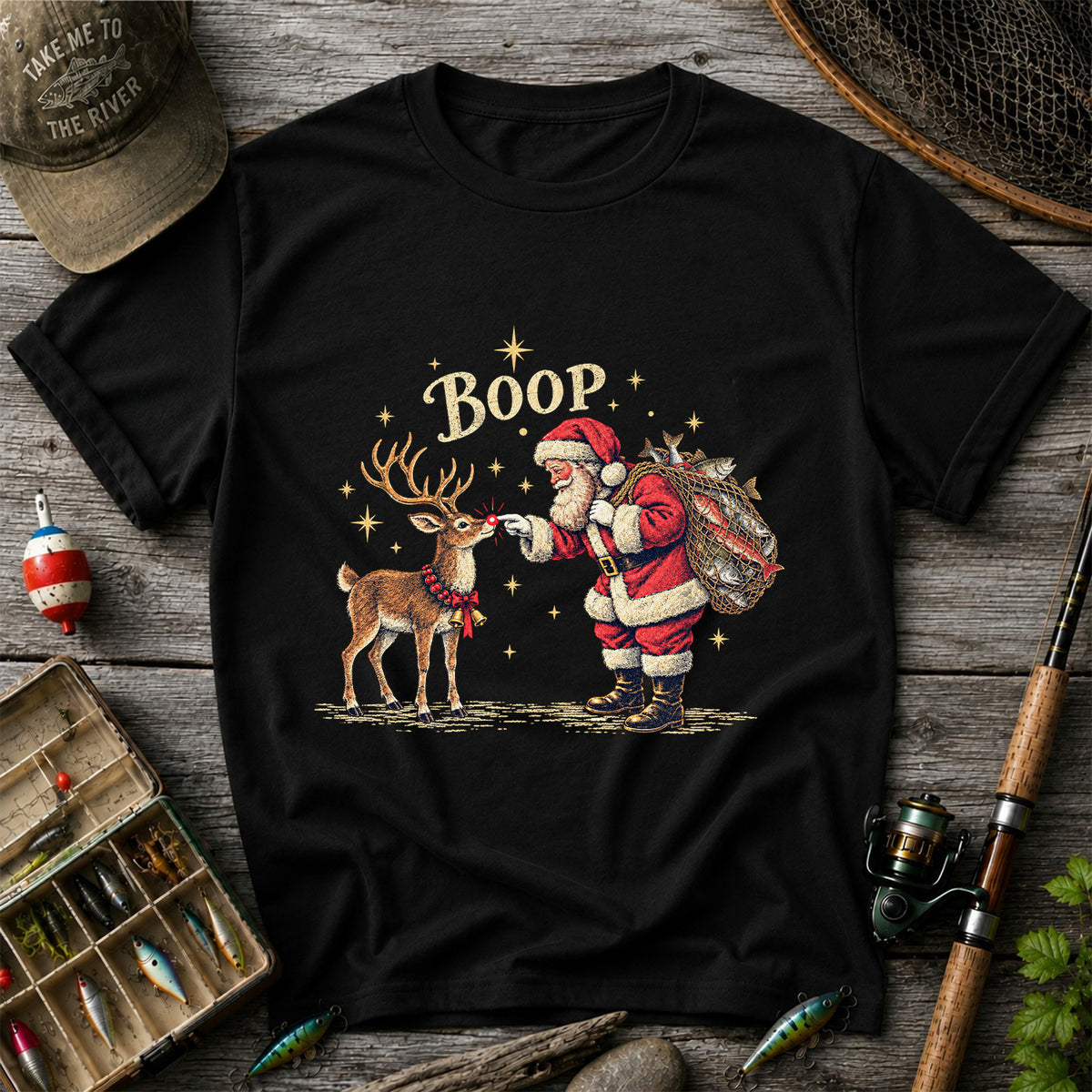 Santa and Reindeer Fishing Christmas Graphic T-Shirt