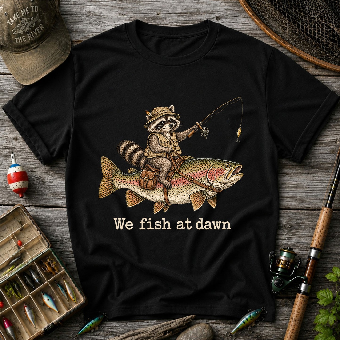 We Fish at Dawn Raccoon Riding a Rainbow Trout Fishing T-Shirt
