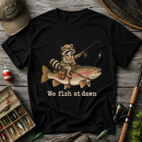 We Fish at Dawn Raccoon Riding a Rainbow Trout Fishing T-Shirt