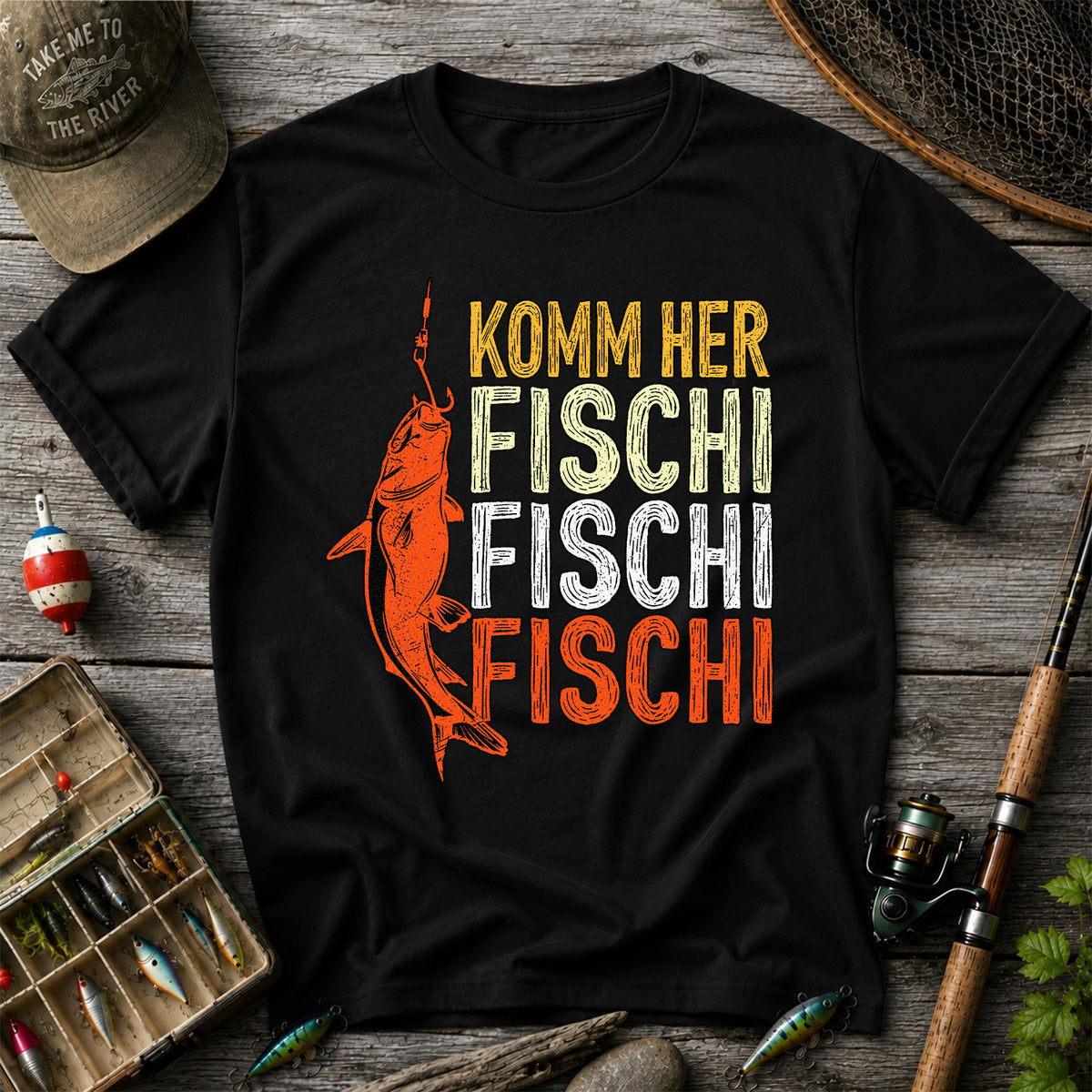 Komm Her Fischi Fischi Funny Catfish Fishing Graphic T-Shirt