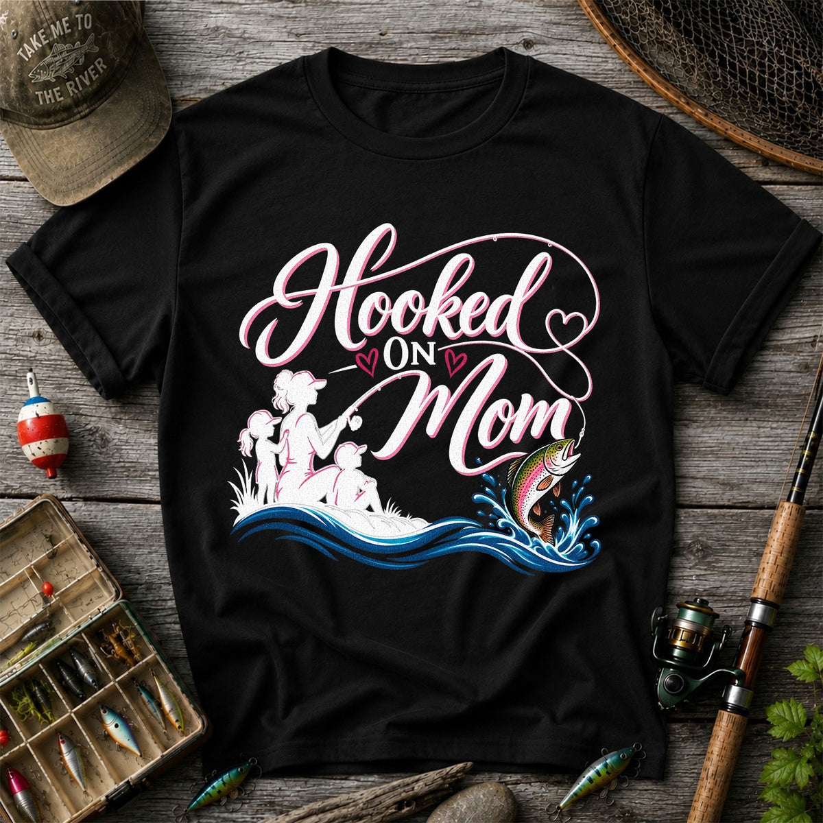 Hooked on Mom Rainbow Trout Family Fishing T-Shirt