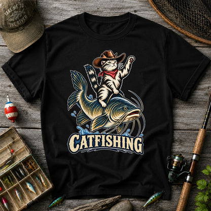 Catfishing Cowboy Cat Riding a Catfish Graphic T-Shirt