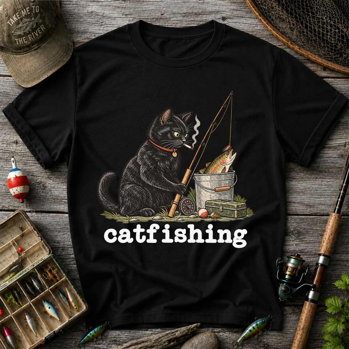 Catfishing Smoking Black Cat with Fishing Rod Funny T-Shirt