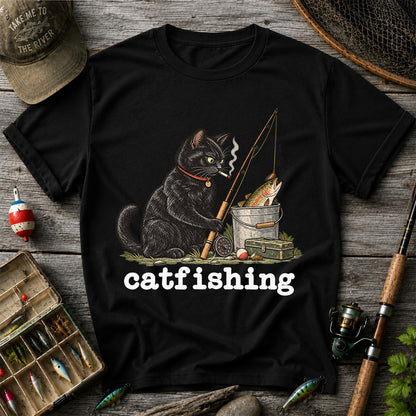 Catfishing Smoking Black Cat with Fishing Rod Funny T-Shirt