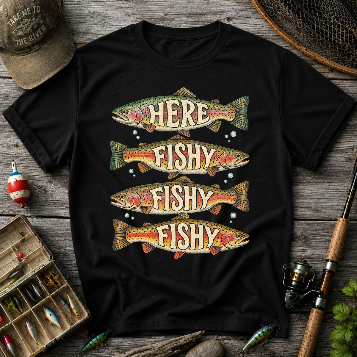 Here Fishy Fishy Fishy Rainbow Trout Fishing Graphic T-Shirt