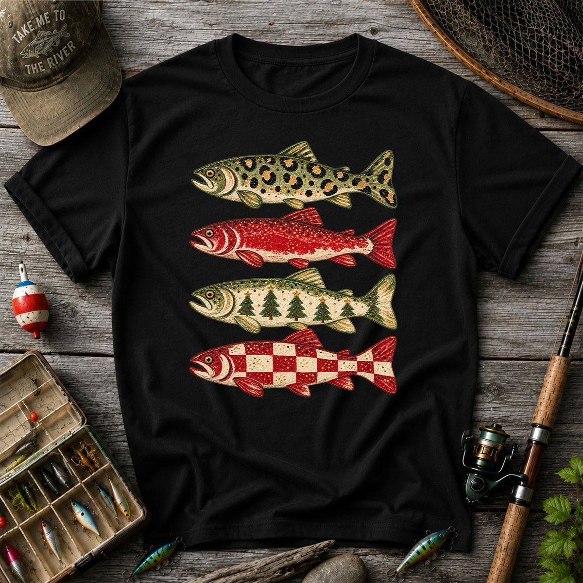 Four Seasonal Trout Patterns Christmas Fishing Graphic T-Shirt