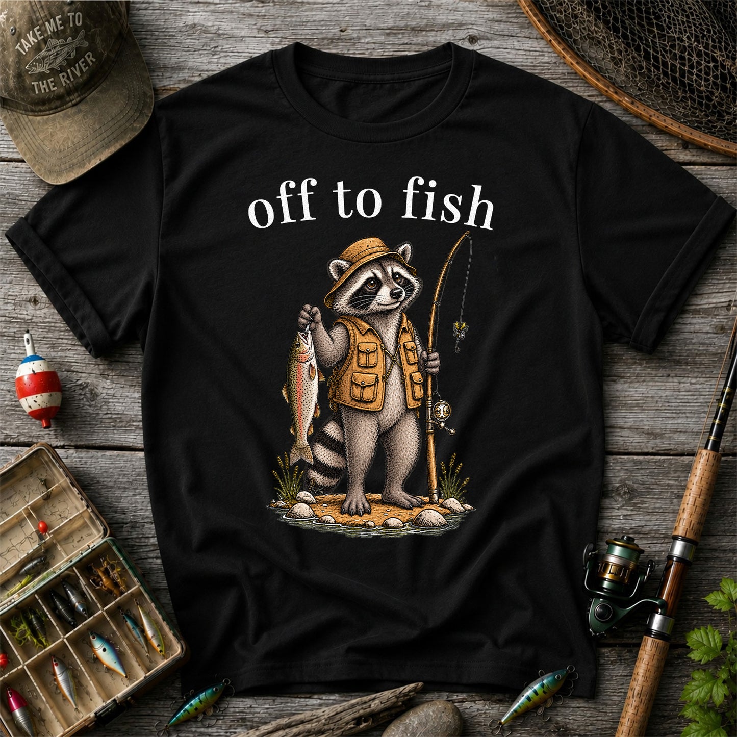 Off to Fish Raccoon Angler Funny Fishing T-Shirt